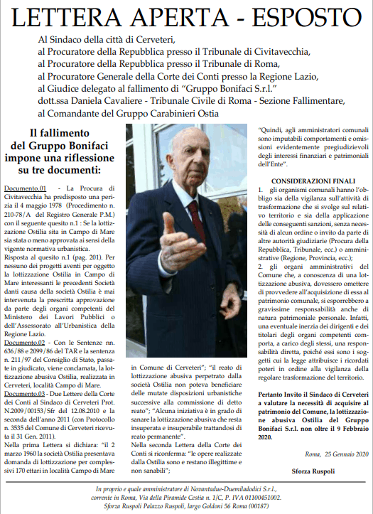 Cerveteri, lettera esposto del Principe Ruspoli