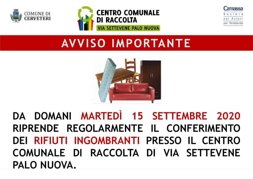 Cerveteri, Centro Comunale di Raccolta: riprende oggi il servizio di conferimento dei rifiuti ingombranti