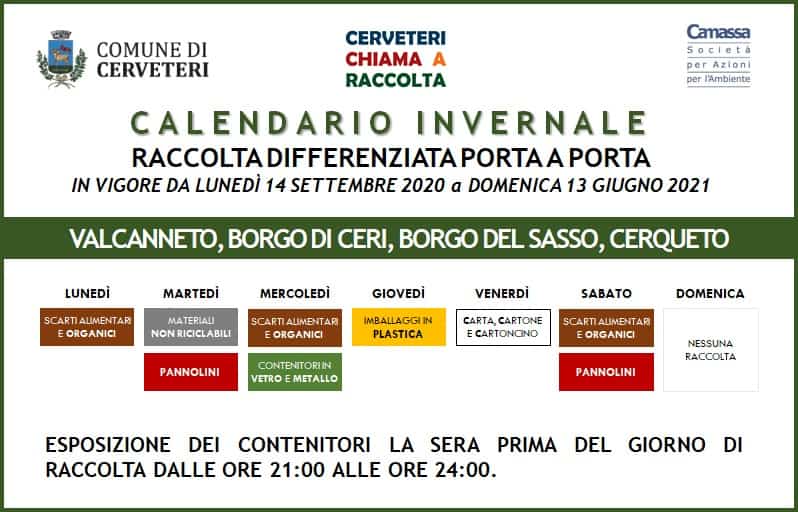 Raccolta Differenziata a Cerveteri: dal 14 Settembre entra in vigore il calendario  invernale
