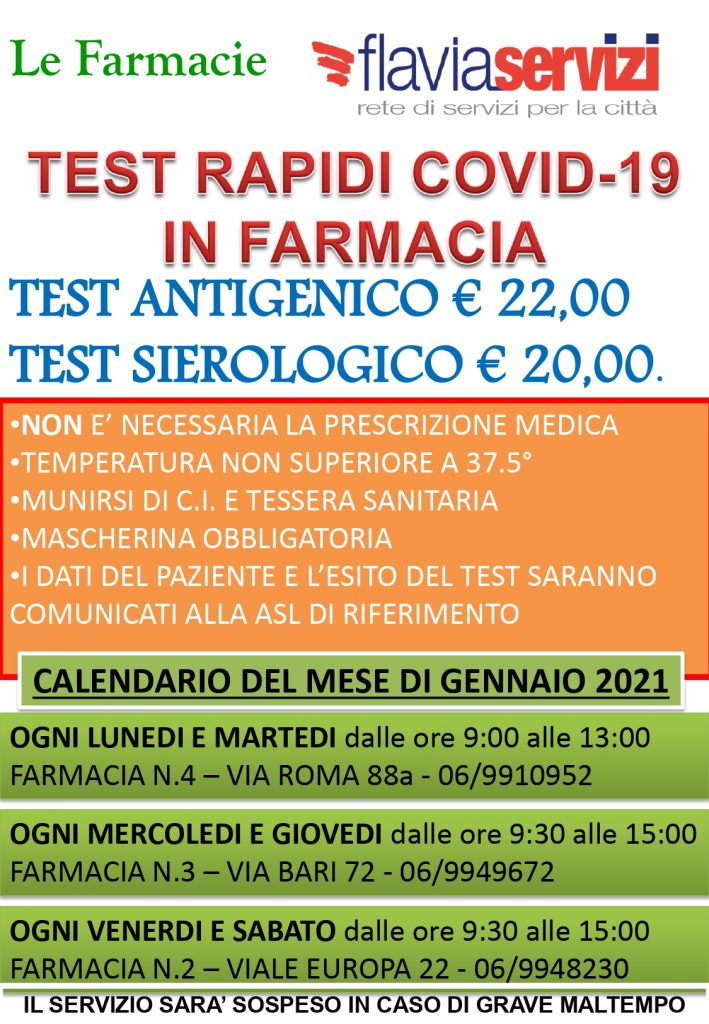 Ladispoli, questa settimana test anticovid presso la Farmacia 4