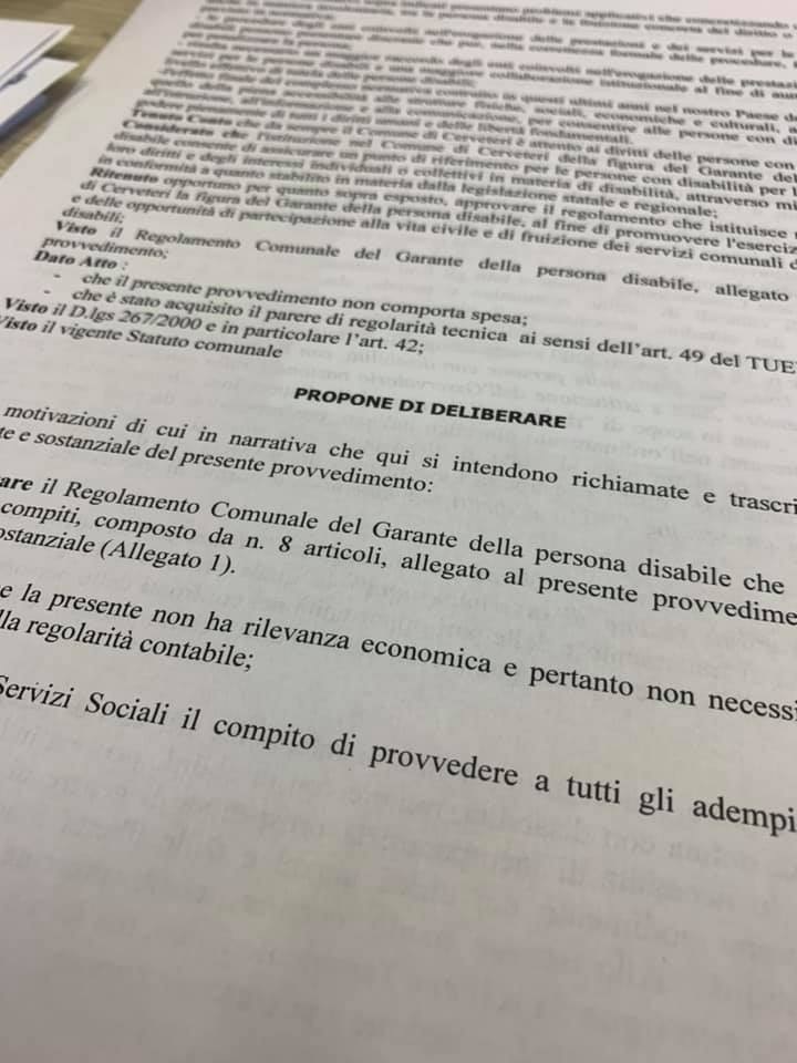 Cerveteri: approvato il regolamento che istituisce la figura del Garante della persona disabile