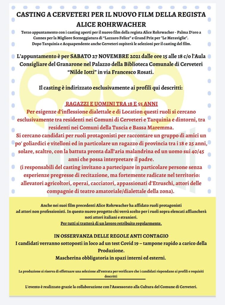 Cerveteri: casting per il nuovo film della regista Alice Rohrwacher, palma d'oro a Cannes