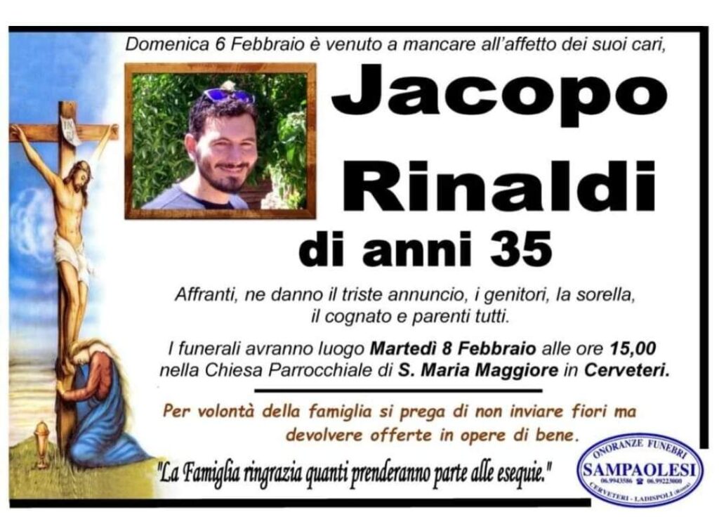 Cerveteri: oggi uniti per salutare e celebrare Jacopo