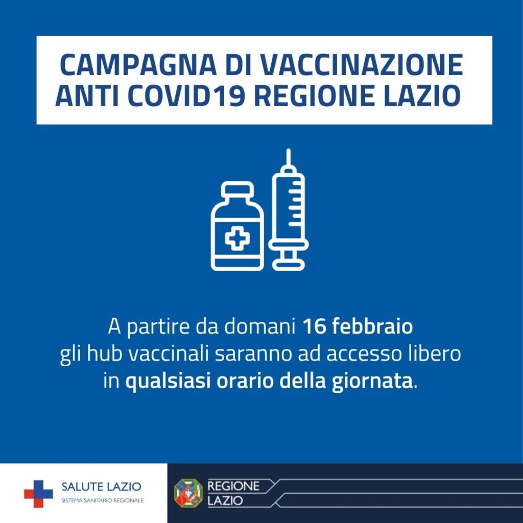Regione Lazio: dal 16 febbraio libero accesso agli hub vaccinali