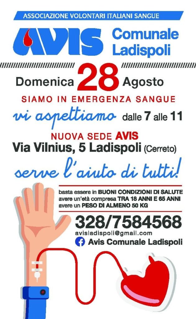 Ladispoli, domenica 28 agosto donazione di sangue all’Avis