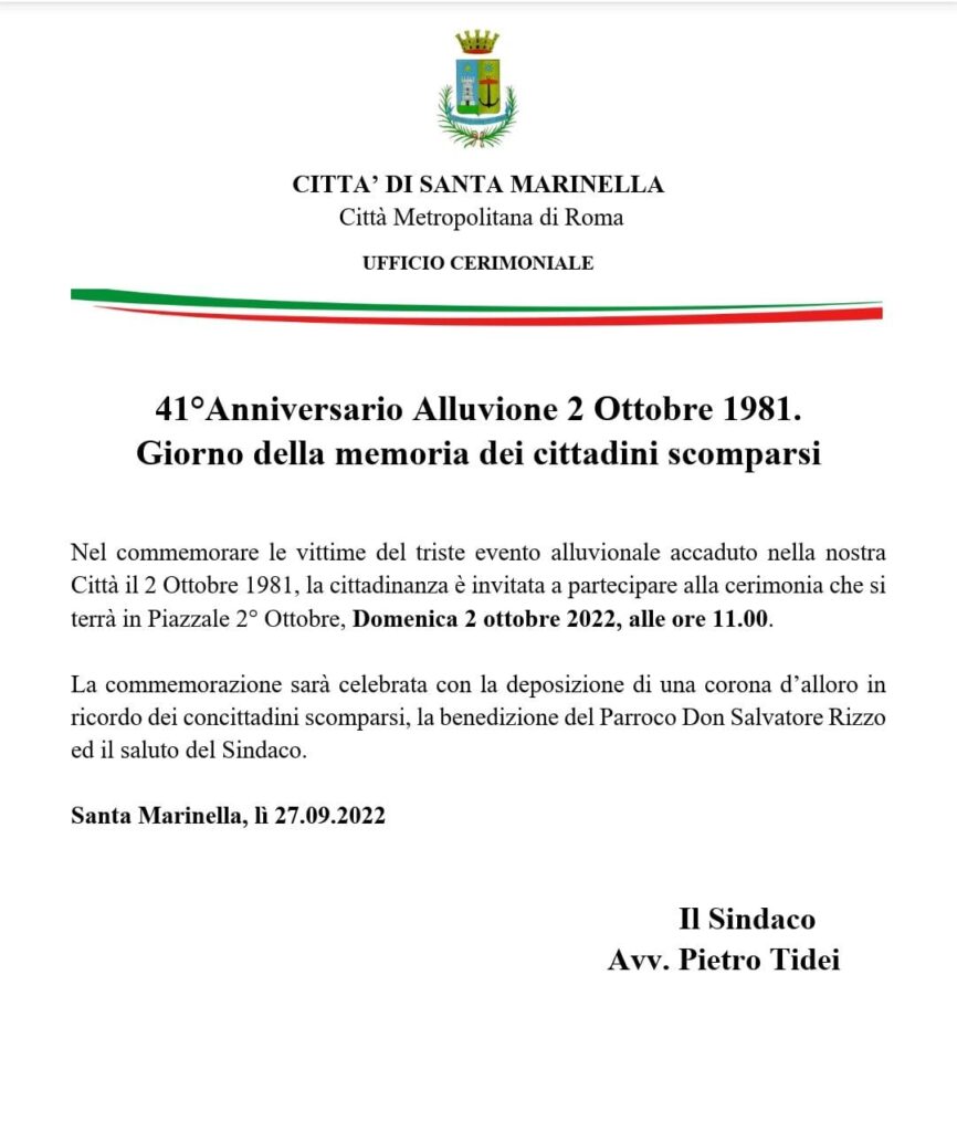 Santa Marinella ricorda le vittime dell'alluvione del 1981