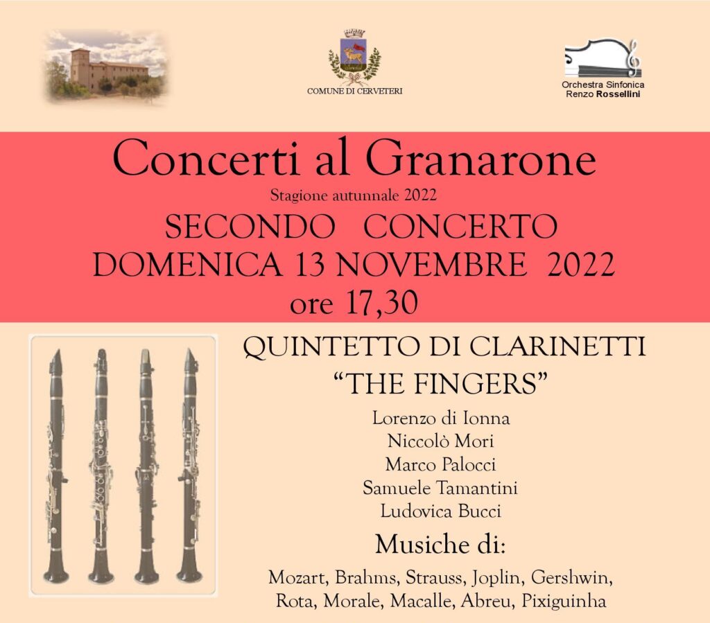 Cerveteri: al Granarone domenica un quintetto di clarinetti, da Mozart a Strauss
