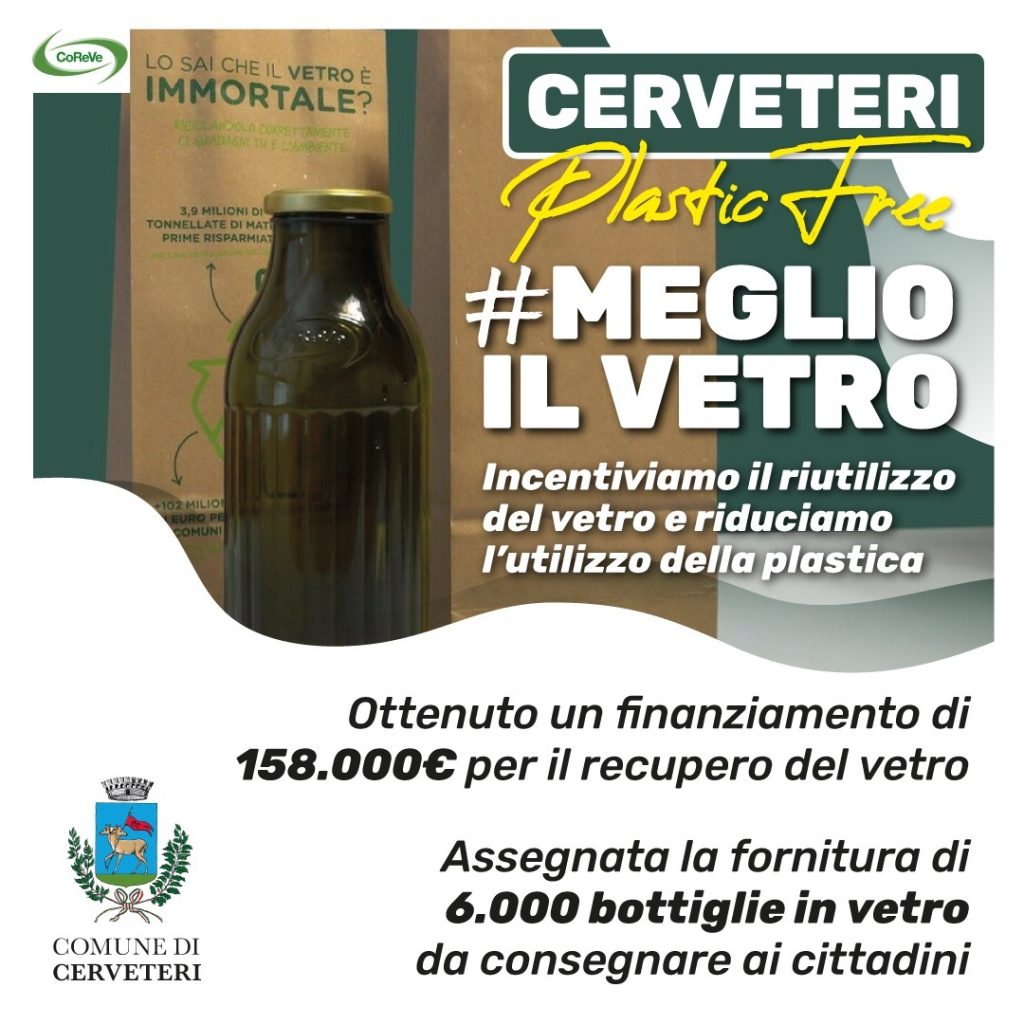 Stop plastica, il Comune di Cerveteri pronto a distribuire 6mila bottiglie in vetro
