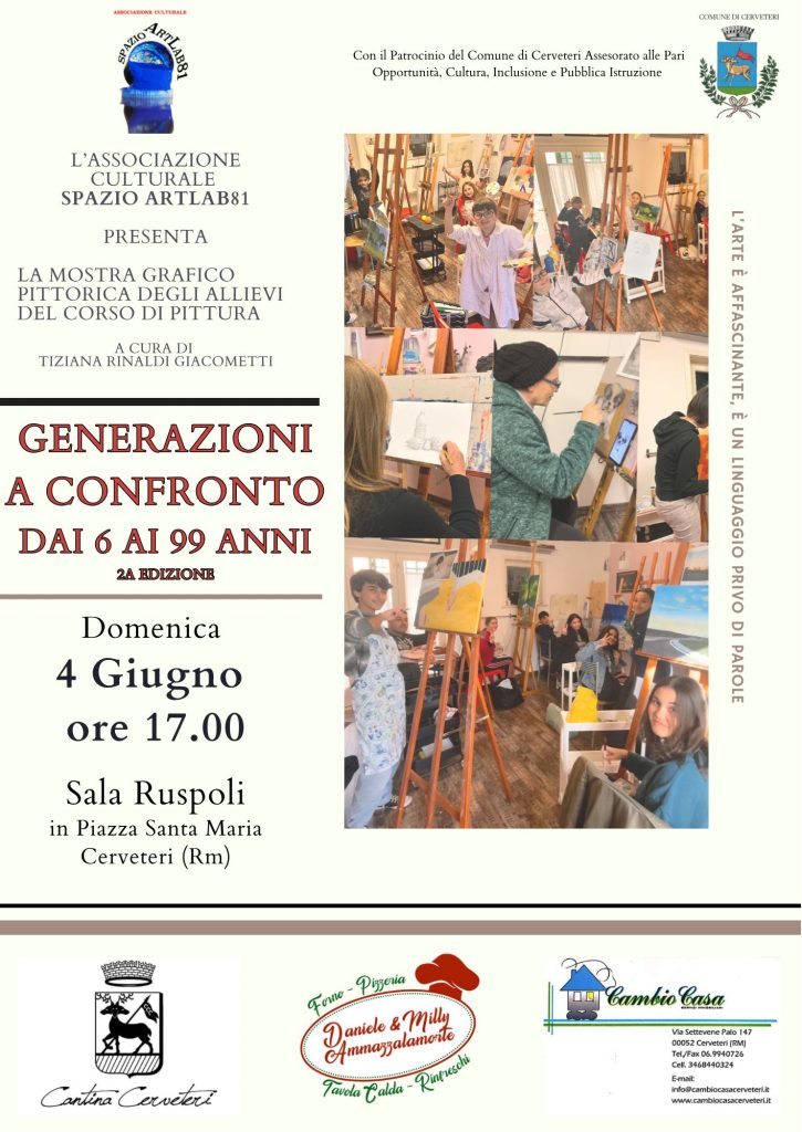 Domenica 4 giugno a partire dalle ore 16:30, a Palazzo Ruspoli si terrà la mostra d'arte "Generazioni a Confronto", organizzata da Tiziana Rinaldi