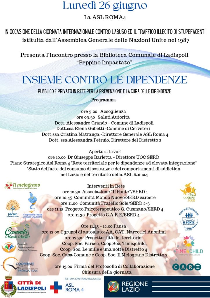 "Insieme contro le dipendenza": lunedì 26 giugno, alle ore 9:00, nella Biblioteca Comunale di Ladispoli, l'incontro organizzato dalla ASL Roma 4