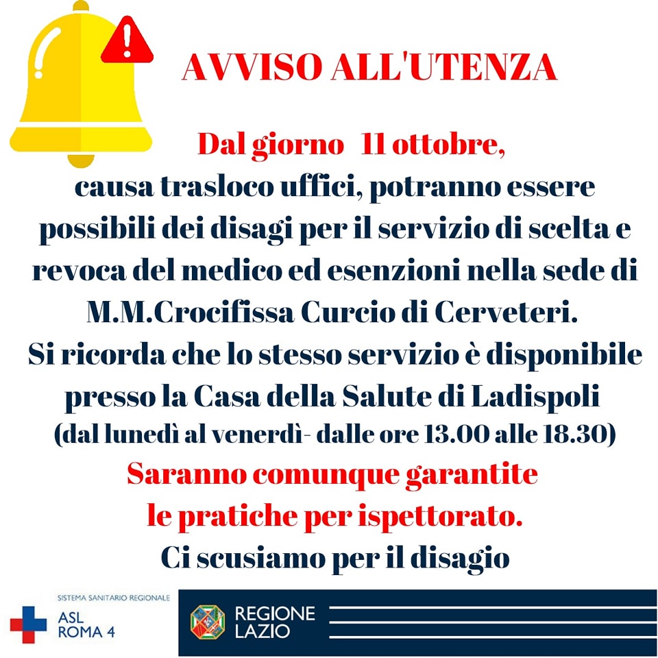 ASL Roma 4: trasloco uffici, possibili disagi a Cerveteri