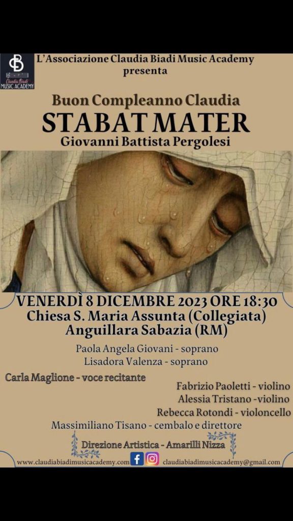 Stabat Mater di Pergolesi ad Anguillara: la proposta per l’8 dicembre della Claudia Biadi Music Academy