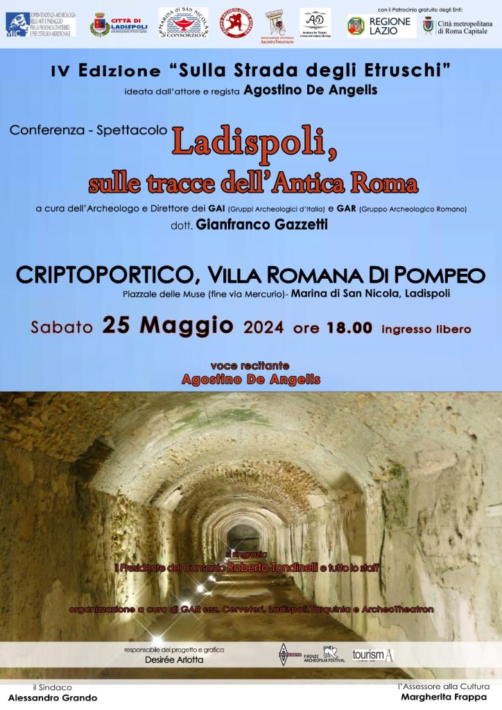 “Ladispoli, sulle tracce dell’antica Roma”, sabato 25 maggio la conferenza- spettacolo di Agostino De Angelis