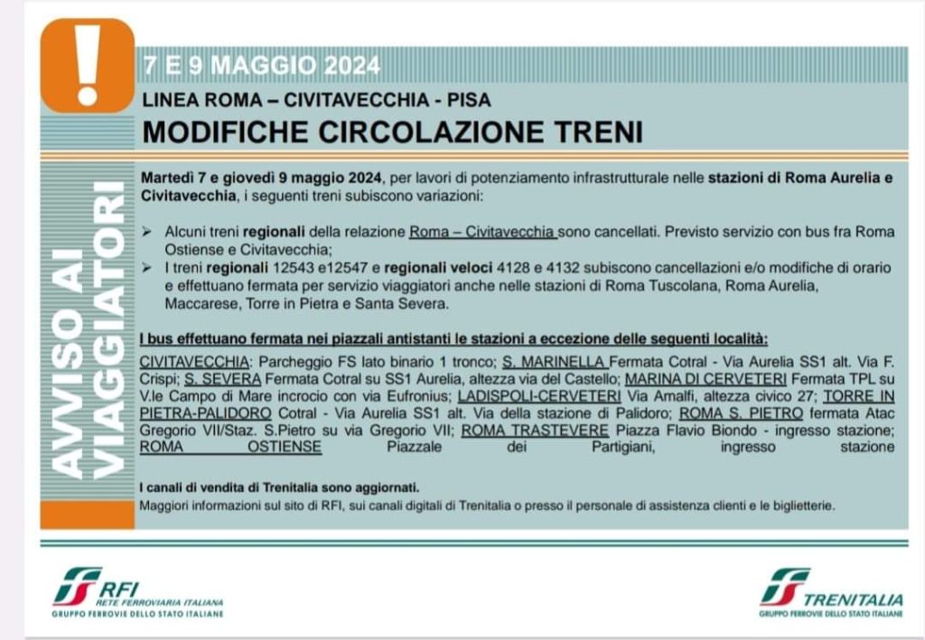 Trasporti: modifiche alla circolazione dei treni martedì 7 e giovedì 9 maggio