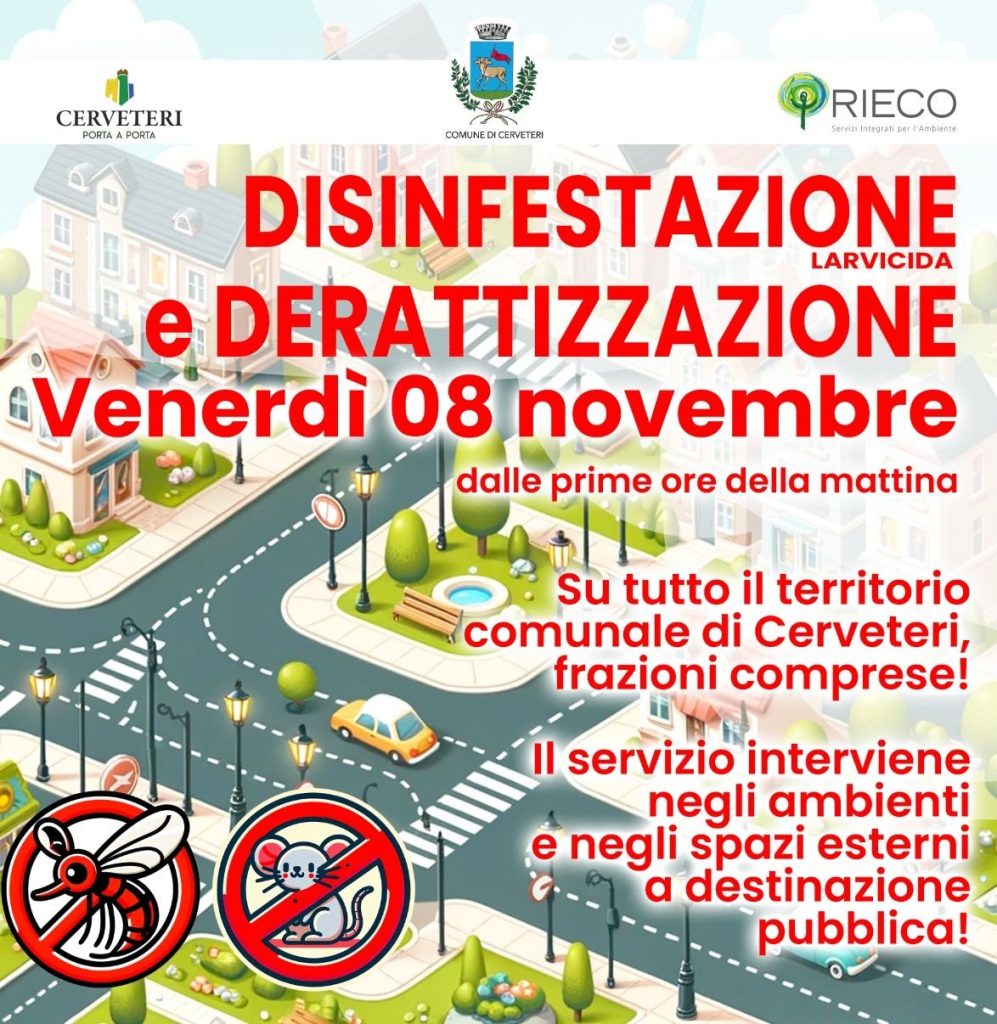 Cerveteri, domani disinfestazione larvicida e derattizzazione su tutto il territorio comunale