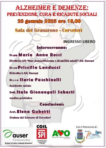 Alzheimer e demenze: prevenzione, cura e ricadute sociali. Domani incontro a Cerveteri