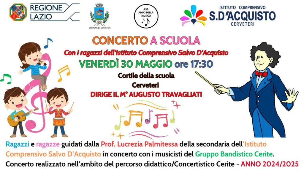 Cerveteri, nel cortile della Salvo D’Acquisto, domani si svolgerà il "Concerto a Scuola"