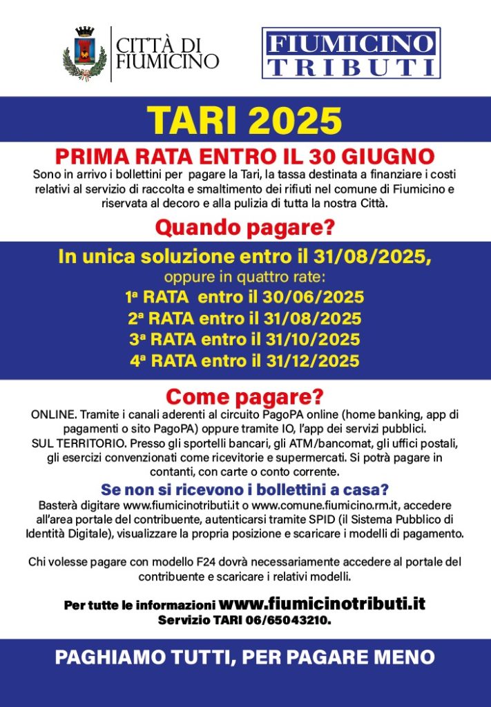 Tari a Fiumicino, prima rata entro il 30 giugno