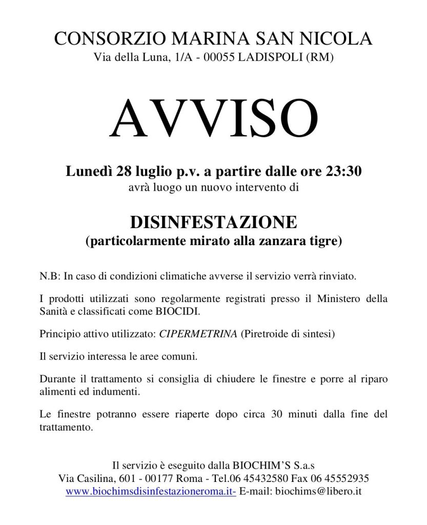 Marina di San Nicola, lunedì 28 luglio si svolgerà un intervento di disinfestazione contro le zanzare