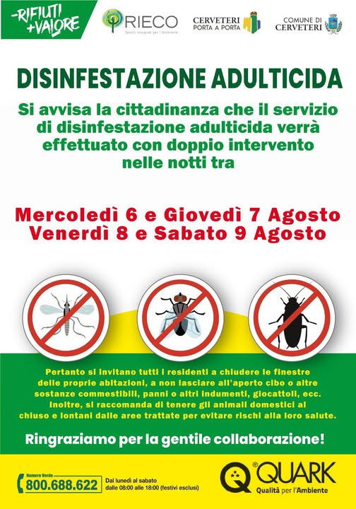 Cerveteri, disinfestazione adulticida: doppio intervento straordinario in tutto il territorio