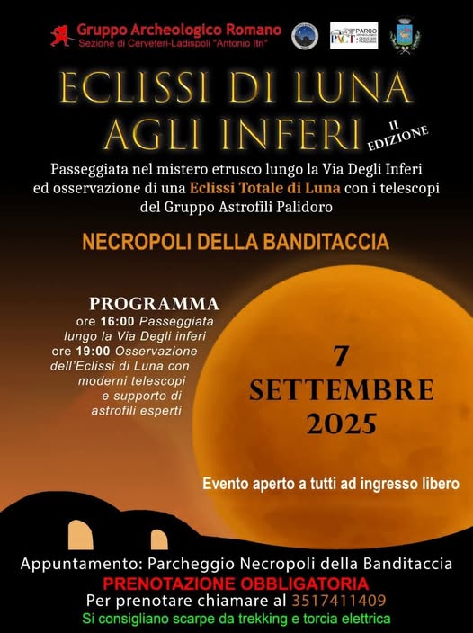 Domenica 7 settembre, nella Necropoli della Banditaccia verrà organizzata una passeggiata archeologica e la visione strumentale della “Luna di Sangue”