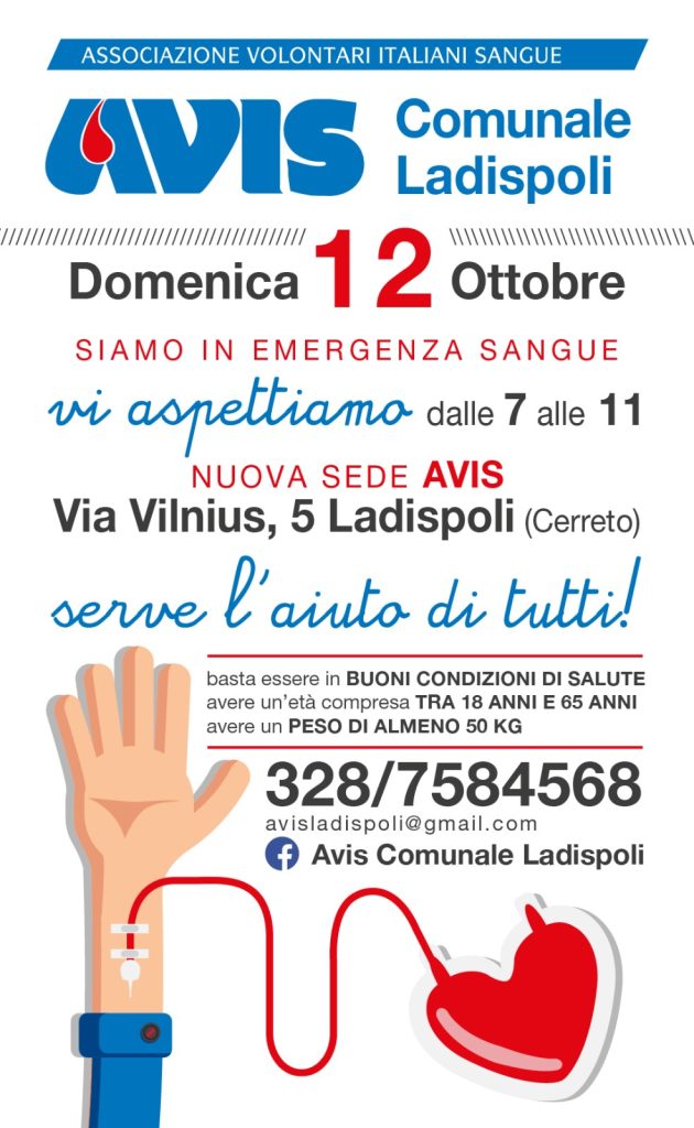 AVIS Ladispoli, raccolte oggi ben 31 sacche di sangue. Prossima donazione, domenica 12 ottobre
