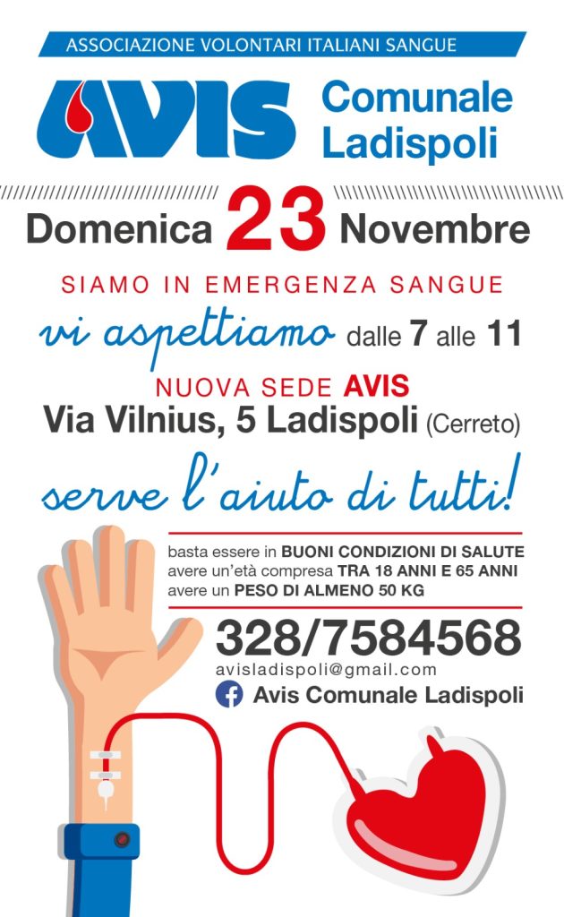 AVIS Ladispoli, raccolte ieri ben 31 sacche di sangue. Prossima donazione, domenica 23 novembre