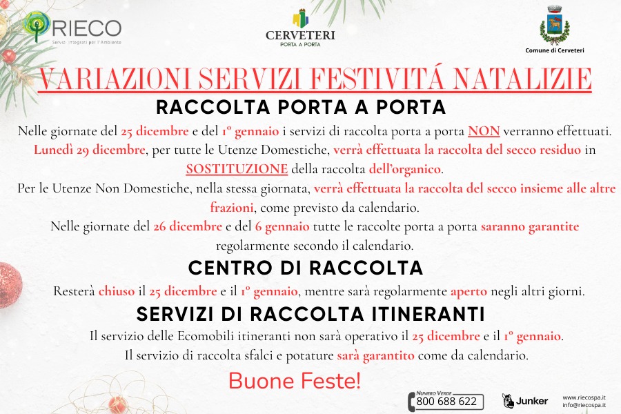 Cerveteri, variazioni alla raccolta rifiuti per le festività: il calendario