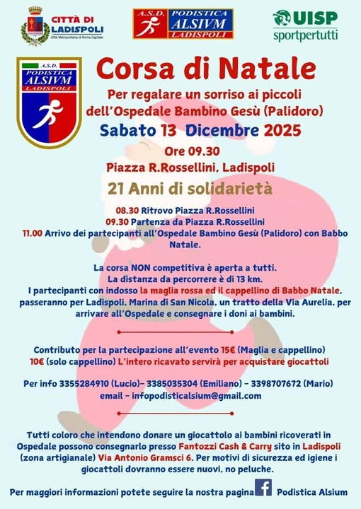 Il 13 dicembre, con la “Corsa di Natale”, Ladispoli torna a correre per donare un sorriso ai bambini del Bambino Gesù