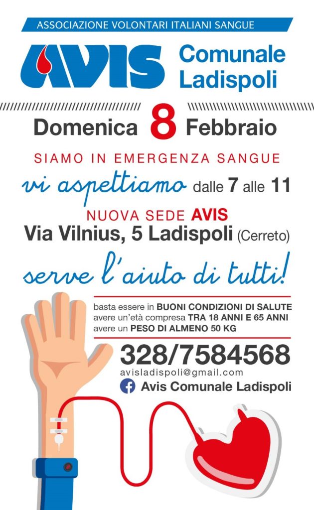 AVIS Ladispoli, raccolte ieri ben 35 sacche di sangue. Prossima donazione, domenica 8 febbraio