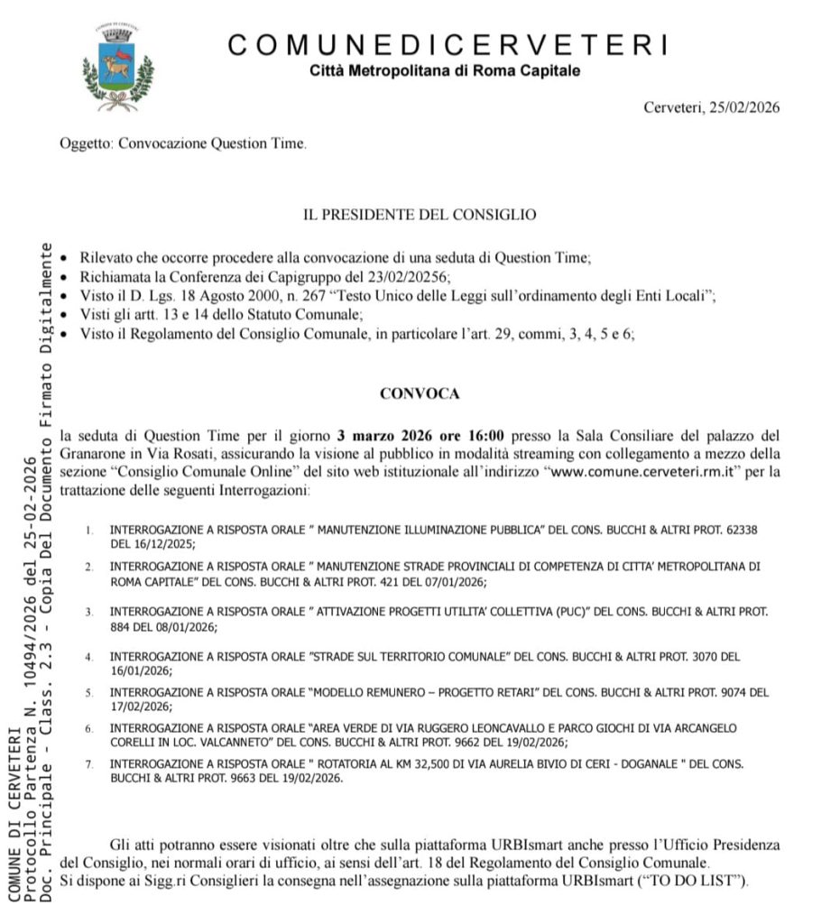 Cerveteri, convocato il 3 marzo il Question Time del Consiglio comunale. Sette interrogazioni all’ordine del giorno
