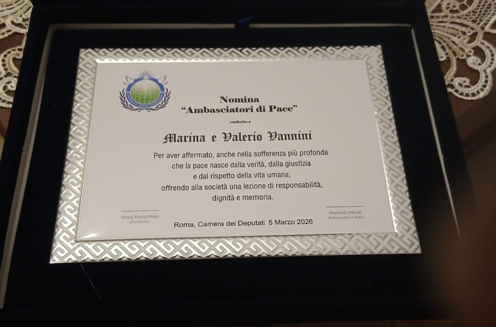 Marco Vannini: mamma Marina e papà Valerio nominati “Ambasciatori di Pace” in una cerimonia alla Camera dei Deputati
