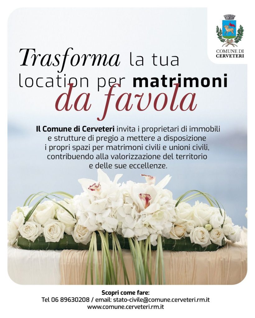 Matrimoni civili in palazzi storici, casali, ville di lusso e agriturismi: aperto il bando a Cerveteri