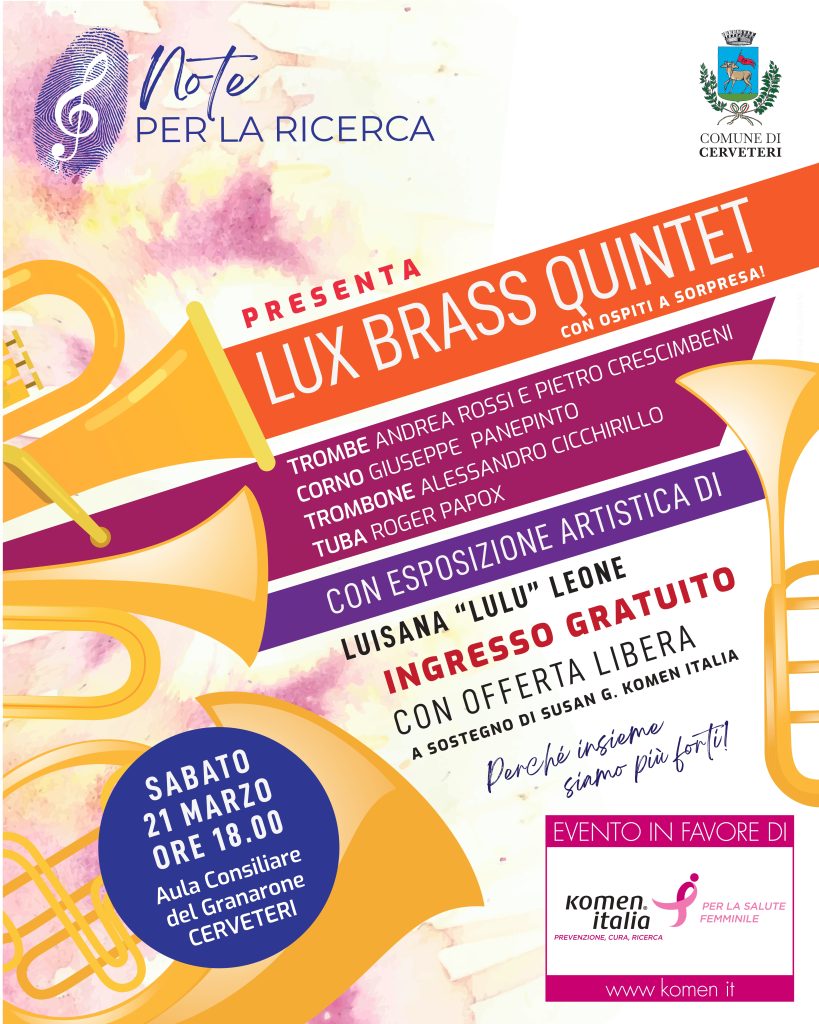 “Note per la Ricerca” a Cerveteri il Lux Brass Quintet in concerto per Komen Italia