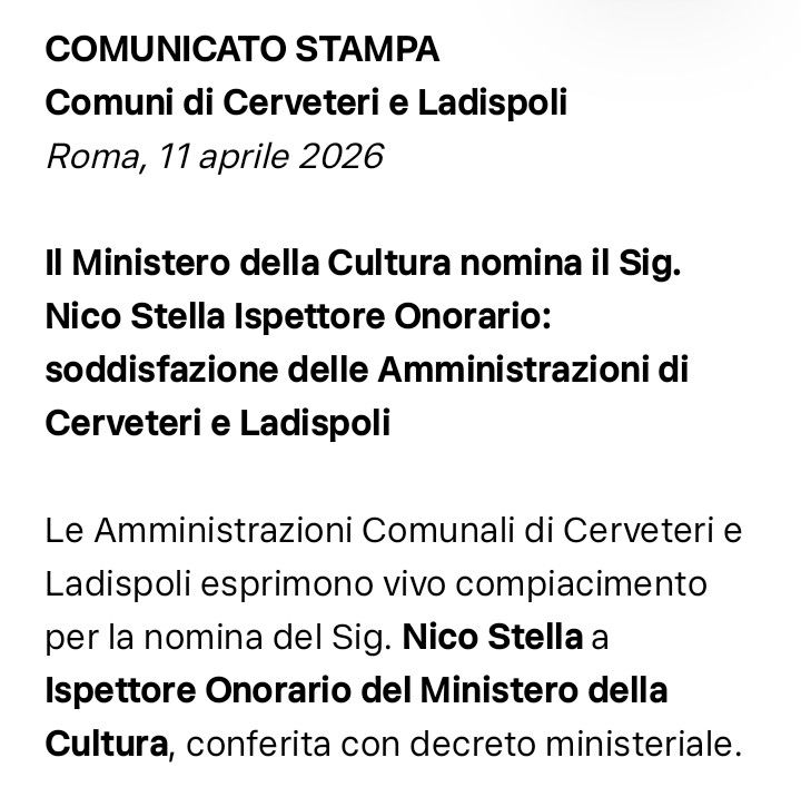Cerveteri, Nico Stella nominato Ispettore Onorario del Ministero della Cultura