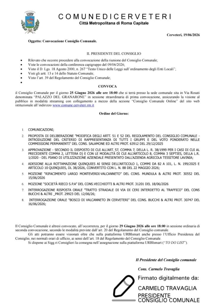 Cerveteri, Consiglio comunale il 25 giugno. All’ordine del giorno Rieco, Via di Ceri e Bosco di Valcanneto