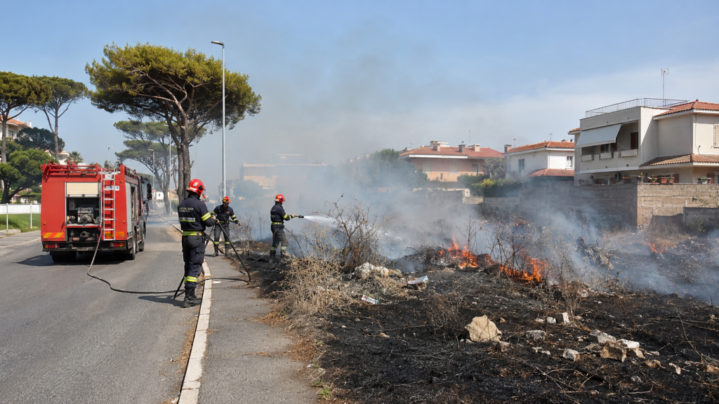 Ladispoli, incendio di sterpaglie in via Helsinki. Le fiamme hanno minacciato le abitazioni