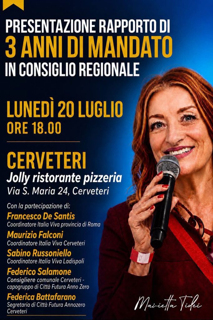 Cerveteri, Marietta Tidei presenta il rapporto sui primi tre anni di mandato in Regione