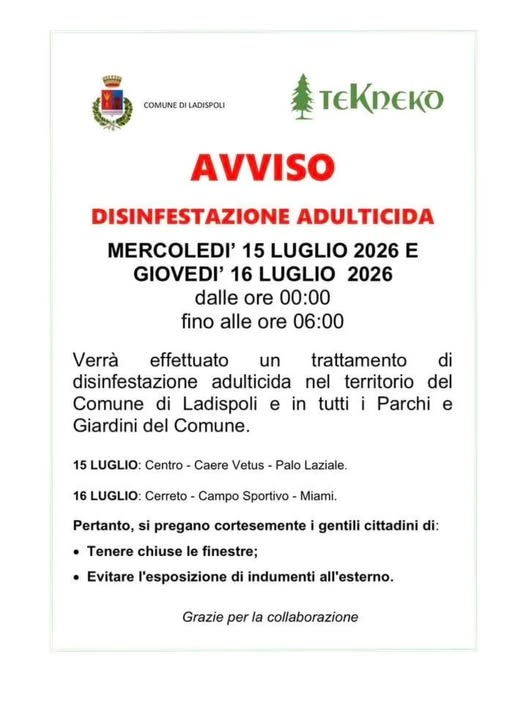 Disinfestazione a Ladispoli, interventi nelle notti del 15 e 16 luglio: tutte le zone interessate