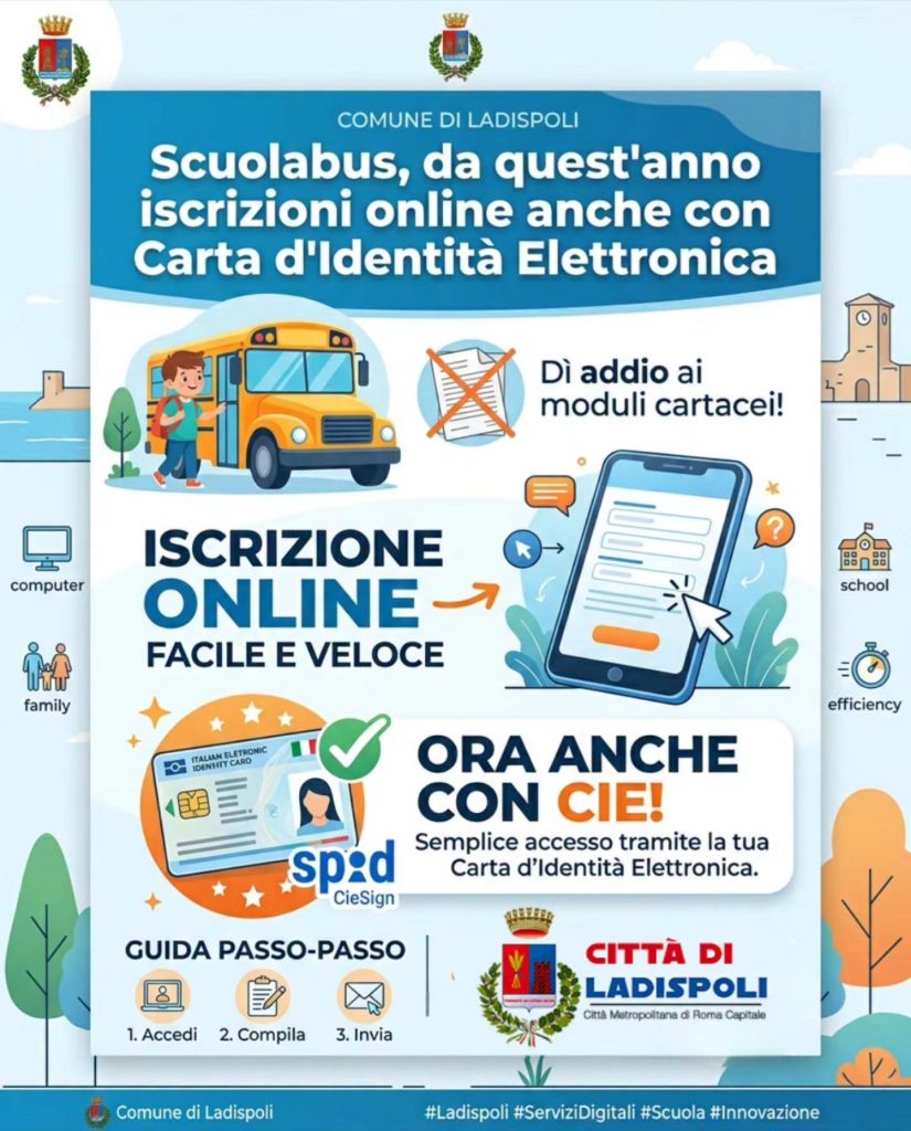 Scuolabus Ladispoli, iscrizioni online anche con Carta d'identità elettronica