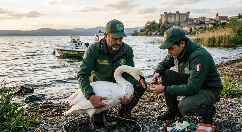 Bracciano, cigno salvato dagli ami e dalle lenze: decisivo l’intervento delle Guardie del Parco