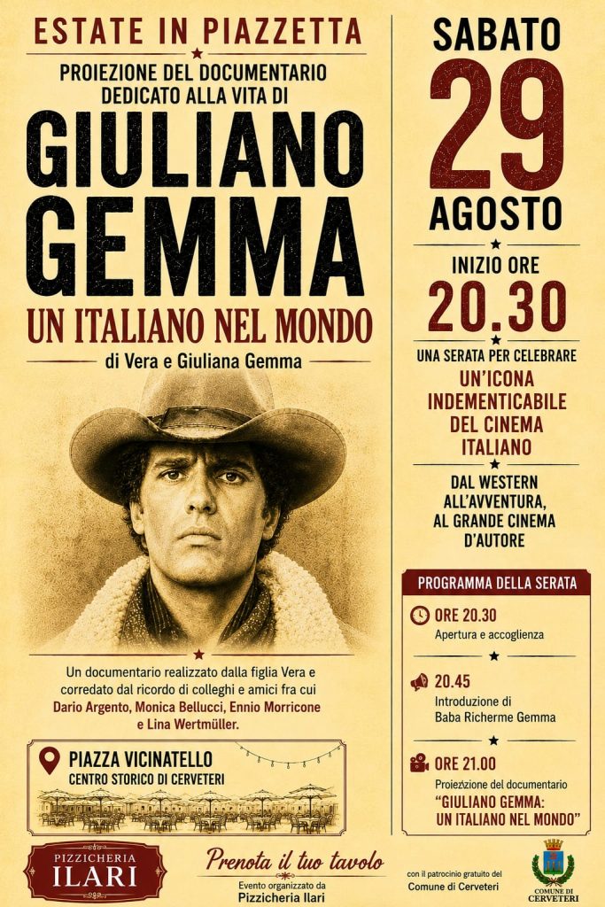 Cerveteri, Giuliano Gemma torna in piazza con un emozionante docufilm sulla sua vita. L’intervista a Roberto Di Berardino