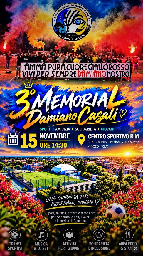 Cerveteri, il 15 novembre il terzo Memorial Damiano Casali: sport, musica e solidarietà