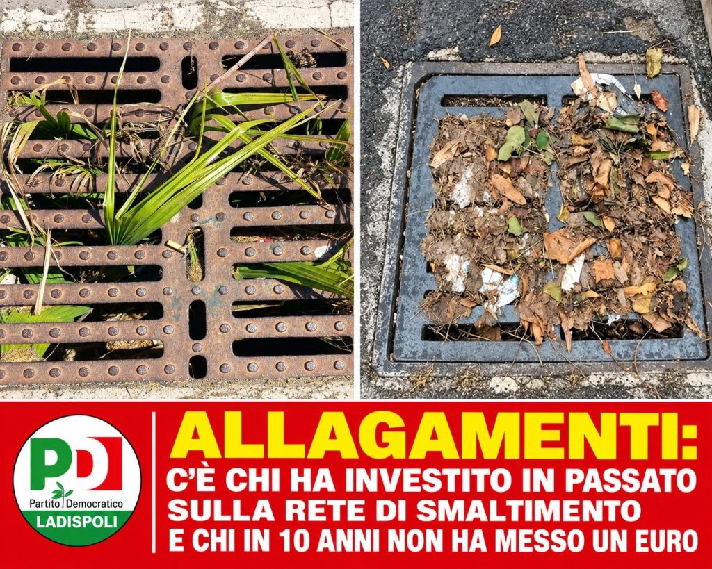 Allagamenti a Ladispoli, attacco del PD alla giunta Grando: «In 10 anni zero euro sulla rete fognaria e caditoie ostruite»